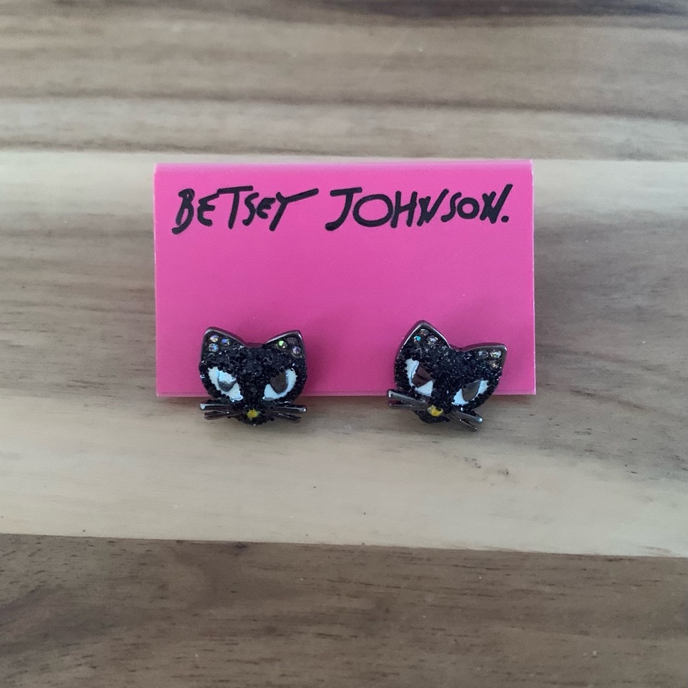Betsey Johnson glitter black cat earrings Kitty kitten jewelry NWT